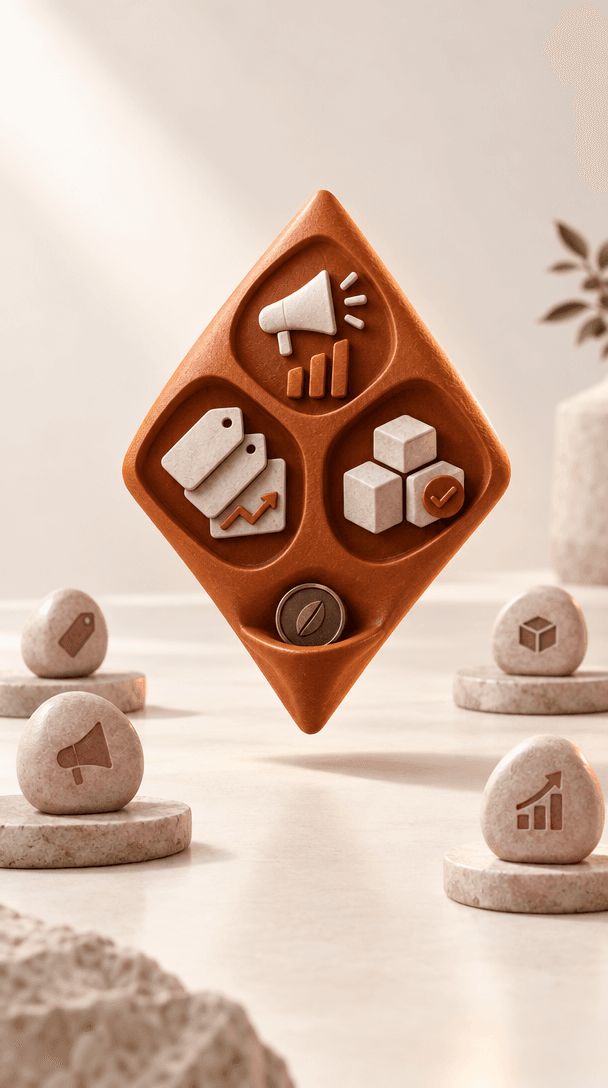 A sculpted terracotta kite connects advertising, competitor-price, and inventory symbols around a margin coin.